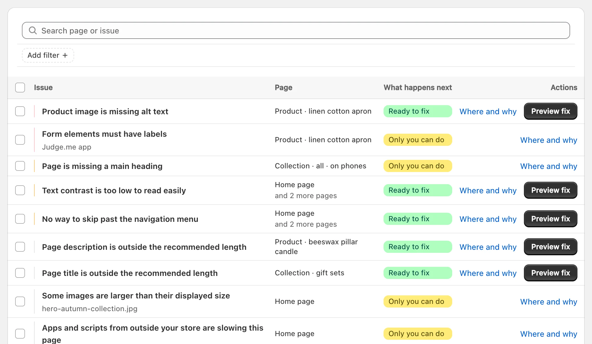 The AccessComply issues list: each finding with its page and what happens next, Ready to fix or Only you can do, and a form finding named as the Judge.me app’s